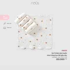 Set 5 khăn sữa muslin màu trắng họa tiết gấu nâu