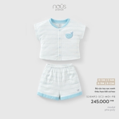 Bộ cộc tay sọc xanh thêu họa tiết cá heo