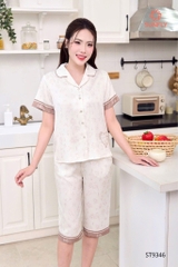 Bộ lua satin in áo tay cộc QN  ST 9346