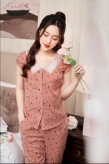Bộ karol thô kẻ cổ ren, quần ngố NH23.024
