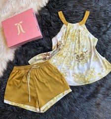 Bộ LYTRENDY lụa họa tiết yếm q.đùi BN340