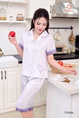 Bộ lua satin in áo tay cộc QN  ST 9346