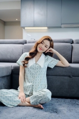 Bộ lụa họa tiết cổ trắng quần dài áo tay cộc LYTRENDY