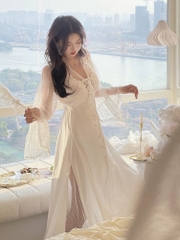 váy ngủ lụa pha ren dáng dài