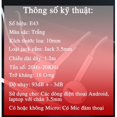 Tai Nghe Có Dây Earldom E43 jack 3.5