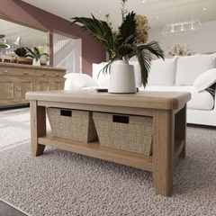 Bàn Trà Sofa Có Giỏ Cói HO-CT (Coffee Table) Gỗ Sồi Nhập Khẩu