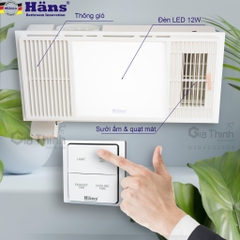 Quạt sưởi nhà tắm âm trần Hans HA2 đa năng 4 trong 1 thông gió, sưởi ấm, làm mát, chiếu sáng kích thước 30x60cm