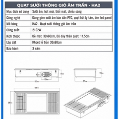 Quạt sưởi nhà tắm âm trần Hans HA2 đa năng 4 trong 1 thông gió, sưởi ấm, làm mát, chiếu sáng kích thước 30x60cm