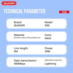 CÁP SẠC DÙ QUAKER 2M PD 30W QUAKER X56 TYPEC TO LIGHTNING
