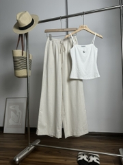Quần dài linen Le Bourgeon, dáng suông ống rộng màu be thanh lịch