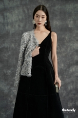 Đầm Loulou Velvet hai dây, màu đen, dáng dài tôn dáng