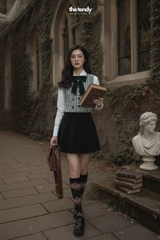 Áo gile dạ tweed caro xanh lá Zava, cúc trước ngực, form croptop