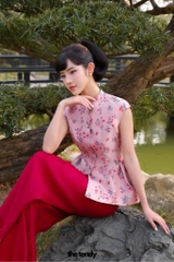 Áo Hân Hoan, áo tay phồng dáng peplum, chất gấm cao cấp