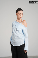 Áo sơ mi nữ linen Taylor, tay dài, màu xanh, trễ vai cách điệu