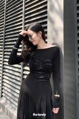 Áo thun Catalina dài tay, kiểu dáng ôm body, cách điệu nơ xếp nhún nữ tính