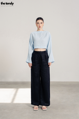 Áo kiểu croptop linen Billie, cổ thuyền, tay dài, màu xanh ngọc