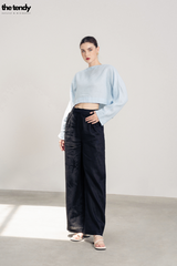 Áo kiểu croptop linen Billie, cổ thuyền, tay dài, màu xanh ngọc