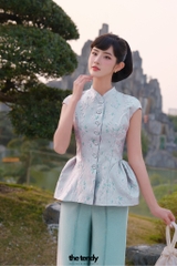 Áo Hân Hoan, áo tay phồng dáng peplum, chất gấm cao cấp