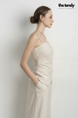 Áo hai dây linen Le Bourgeon màu be nhún eo thanh lịch, tối giản, tôn dáng