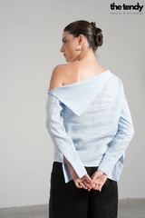 Áo sơ mi nữ linen Taylor, tay dài, màu xanh, trễ vai cách điệu