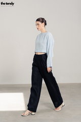 Áo kiểu croptop linen Billie, cổ thuyền, tay dài, màu xanh ngọc