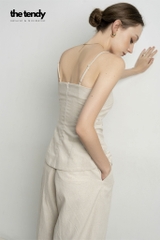 Áo hai dây linen Le Bourgeon màu be nhún eo thanh lịch, tối giản, tôn dáng