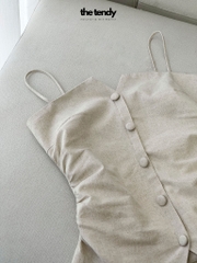Áo hai dây linen Le Bourgeon màu be nhún eo thanh lịch, tối giản, tôn dáng