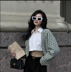 Áo dạ tweed dài tay Kimono dáng croptop, họa tiết caro xanh lá