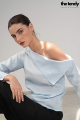 Áo sơ mi nữ linen Taylor, tay dài, màu xanh, trễ vai cách điệu