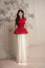 Áo Hân Hoan, áo tay phồng dáng peplum, chất gấm cao cấp