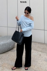 Áo sơ mi nữ linen Taylor, tay dài, màu xanh, trễ vai cách điệu