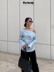 Áo sơ mi nữ linen Taylor, tay dài, màu xanh, trễ vai cách điệu