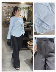 Áo kiểu croptop linen Billie, cổ thuyền, tay dài, màu xanh ngọc