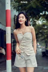 Áo hai dây linen Le Bourgeon màu be nhún eo thanh lịch, tối giản, tôn dáng