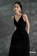 Đầm Loulou Velvet hai dây, màu đen, dáng dài tôn dáng