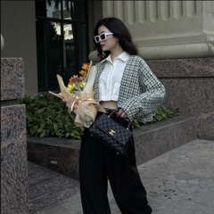 Áo dạ tweed dài tay Kimono dáng croptop, họa tiết caro xanh lá