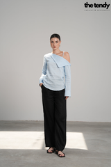 Áo sơ mi nữ linen Taylor, tay dài, màu xanh, trễ vai cách điệu