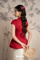 Áo Hân Hoan, áo tay phồng dáng peplum, chất gấm cao cấp