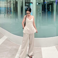 Quần dài linen Le Bourgeon, dáng suông ống rộng màu be thanh lịch
