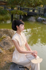 Áo Hân Hoan, áo tay phồng dáng peplum, chất gấm cao cấp