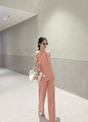 Set bộ linen Cindy màu hồng cam, cổ yếm cách điệu