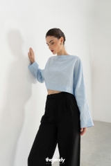 Áo kiểu croptop linen Billie, cổ thuyền, tay dài, màu xanh ngọc