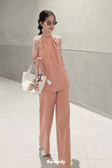 Set bộ linen Cindy màu hồng cam, cổ yếm cách điệu