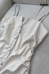 Áo hai dây linen Le Bourgeon màu be nhún eo thanh lịch, tối giản, tôn dáng