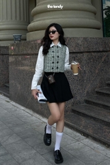 Áo gile dạ tweed caro xanh lá Zava, cúc trước ngực, form croptop