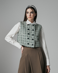 Áo gile dạ tweed caro xanh lá Zava, cúc trước ngực, form croptop