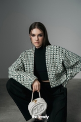 Áo dạ tweed dài tay Kimono dáng croptop, họa tiết caro xanh lá