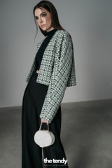 Áo dạ tweed dài tay Kimono dáng croptop, họa tiết caro xanh lá