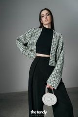 Áo dạ tweed dài tay Kimono dáng croptop, họa tiết caro xanh lá