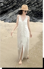 Đầm Lelalin Linen cổ khoét V phong cách thanh lịch